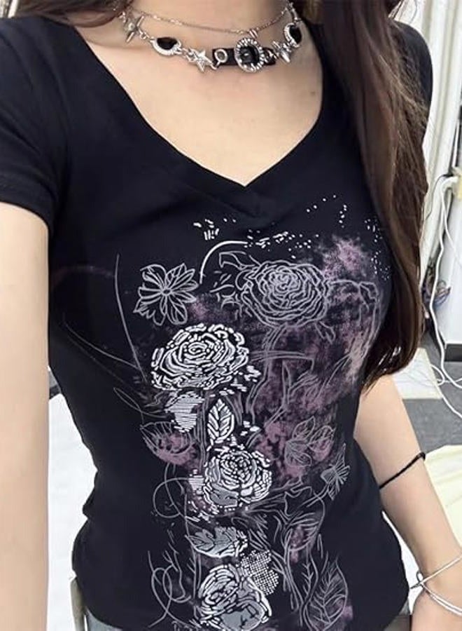 MANGMAO Grunge Shirts 2000s Clothing Women Vintage Graphic Tees Y2k Short Sleeve Goth Tops Teens Emo Clothes Streetwear, Black Purple, M - Image 3