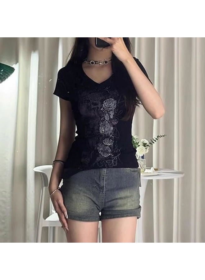 MANGMAO Grunge Shirts 2000s Clothing Women Vintage Graphic Tees Y2k Short Sleeve Goth Tops Teens Emo Clothes Streetwear, Black Purple, M - Image 2