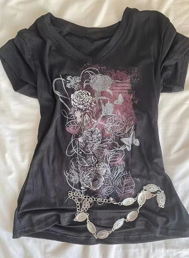 MANGMAO Grunge Shirts 2000s Clothing Women Vintage Graphic Tees Y2k Short Sleeve Goth Tops Teens Emo Clothes Streetwear, Black Purple, M - Image 4
