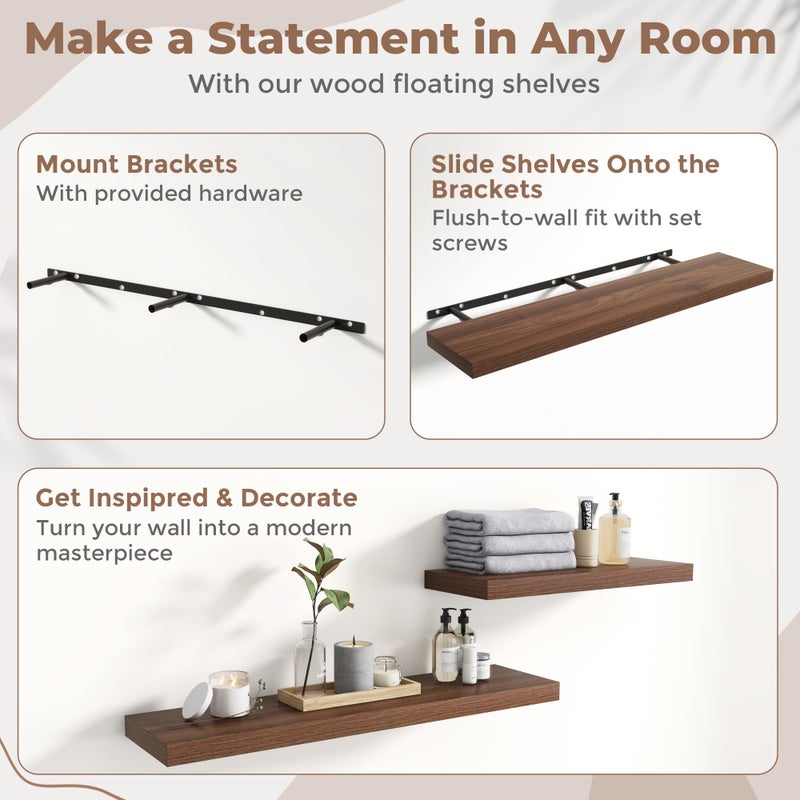 Marsmiles Floating Shelves for Wall with Invisible Brackets, Wall Mounted Engineered Wood Shelves with Wood Grain for Living Room, Bedroom, Bathroom, Kitchen Decor and Storage, Oak, 55"L Set of 2, Walnut - Image 5