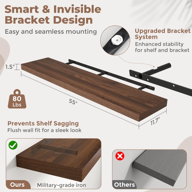 Marsmiles Floating Shelves for Wall with Invisible Brackets, Wall Mounted Engineered Wood Shelves with Wood Grain for Living Room, Bedroom, Bathroom, Kitchen Decor and Storage, Oak, 55"L Set of 2, Walnut - Image 4