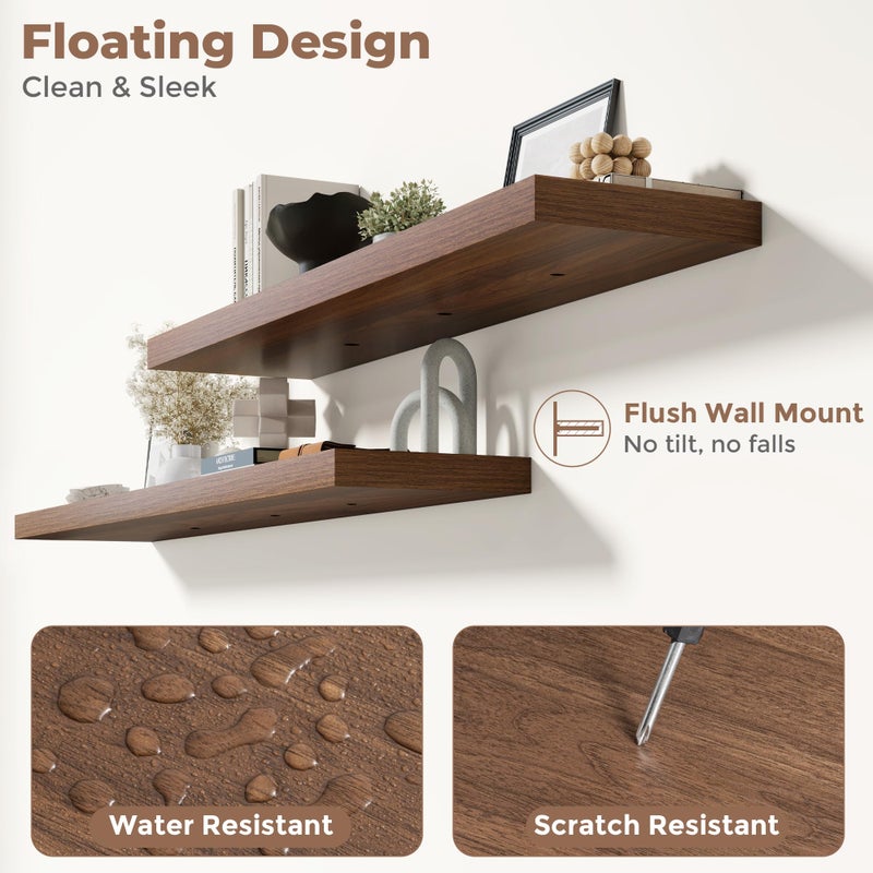 Marsmiles Floating Shelves for Wall with Invisible Brackets, Wall Mounted Engineered Wood Shelves with Wood Grain for Living Room, Bedroom, Bathroom, Kitchen Decor and Storage, Oak, 55"L Set of 2, Walnut - Image 3