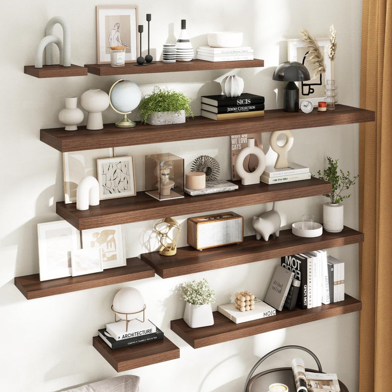 Marsmiles Floating Shelves for Wall with Invisible Brackets, Wall Mounted Engineered Wood Shelves with Wood Grain for Living Room, Bedroom, Bathroom, Kitchen Decor and Storage, Oak, 55"L Set of 2, Walnut - Image 2