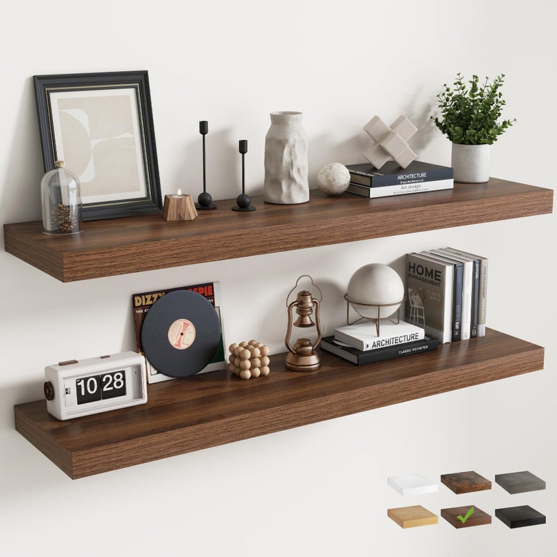 Marsmiles Floating Shelves for Wall with Invisible Brackets, Wall Mounted Engineered Wood Shelves with Wood Grain for Living Room, Bedroom, Bathroom, Kitchen Decor and Storage, Oak, 55"L Set of 2, Walnut - Image 1