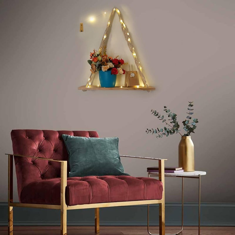 vah رف حائط معلق من الخشب بتصميم ماكرامي بوهيمي مع إضاءة LED (بني فاتح) - Image 3