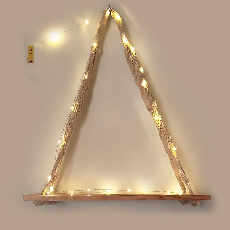 vah رف حائط معلق من الخشب بتصميم ماكرامي بوهيمي مع إضاءة LED (بني فاتح) - Image 4