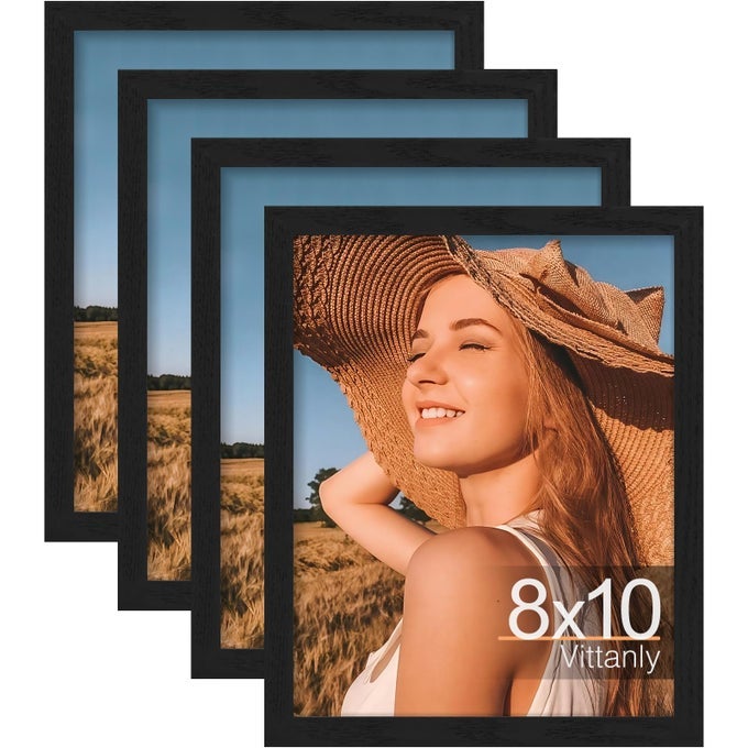 8X10 PICTURE FRAME SET OF 4 DISPLAY PICTURES 5X7 WITH MAT OR 8X10 WITHOUT MAT ENGINEERED WOOD WITH SHATTER RESISTANT PLEXIGLASS WALL GALLERY PHOTO FRAMES FOR WALL OR TABLETOP BLACK