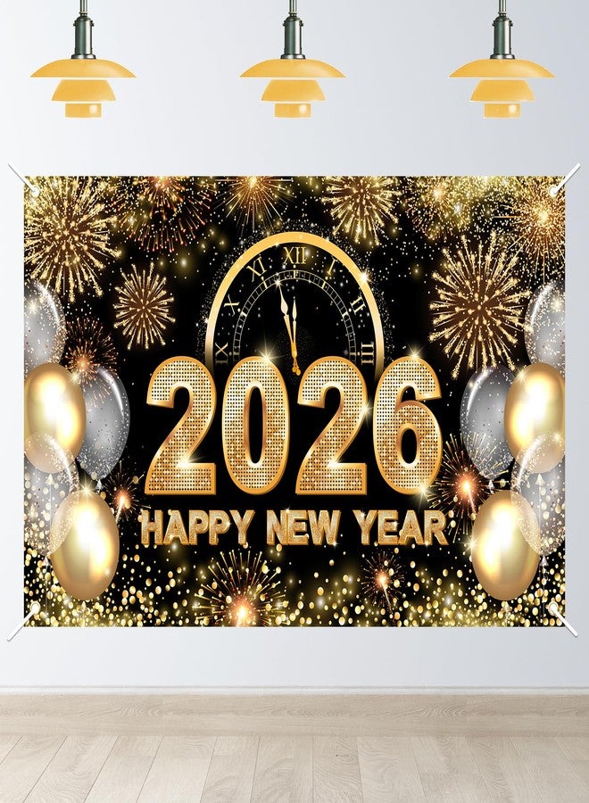 Avezano Happy New Year Backdrop 2026 New Year Party Decorations Banner Black and Gold Happy New Year's Eve Banner White and Gold Balloons Glitter New Years Backdrop 70.8 x 43.3 Inch - Image 1