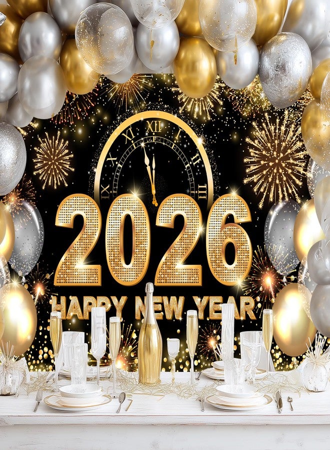 Avezano Happy New Year Backdrop 2026 New Year Party Decorations Banner Black and Gold Happy New Year's Eve Banner White and Gold Balloons Glitter New Years Backdrop 70.8 x 43.3 Inch - Image 2