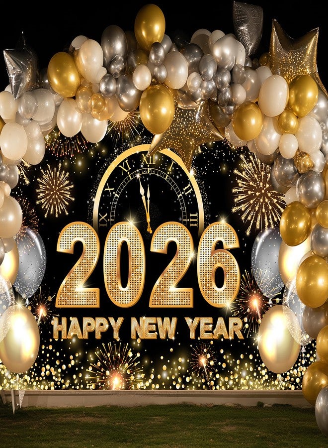 Avezano Happy New Year Backdrop 2026 New Year Party Decorations Banner Black and Gold Happy New Year's Eve Banner White and Gold Balloons Glitter New Years Backdrop 70.8 x 43.3 Inch - Image 4