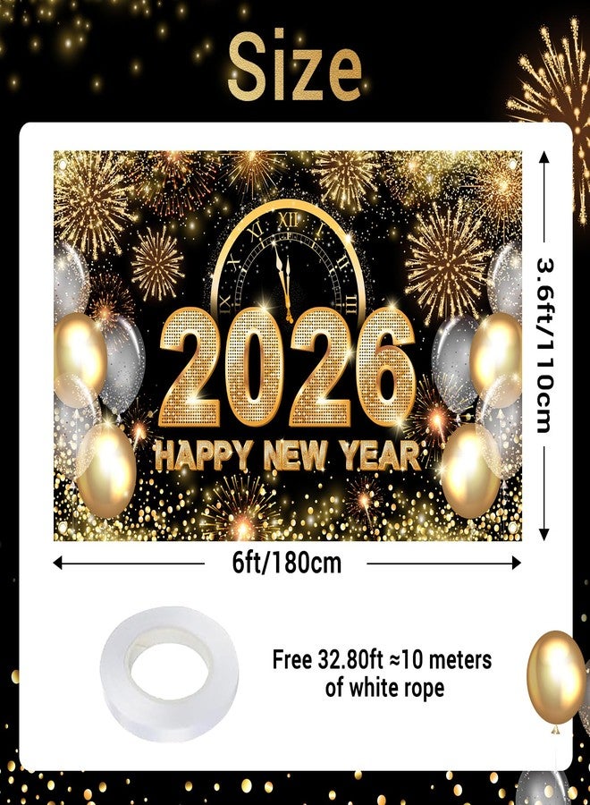 Avezano Happy New Year Backdrop 2026 New Year Party Decorations Banner Black and Gold Happy New Year's Eve Banner White and Gold Balloons Glitter New Years Backdrop 70.8 x 43.3 Inch - Image 3