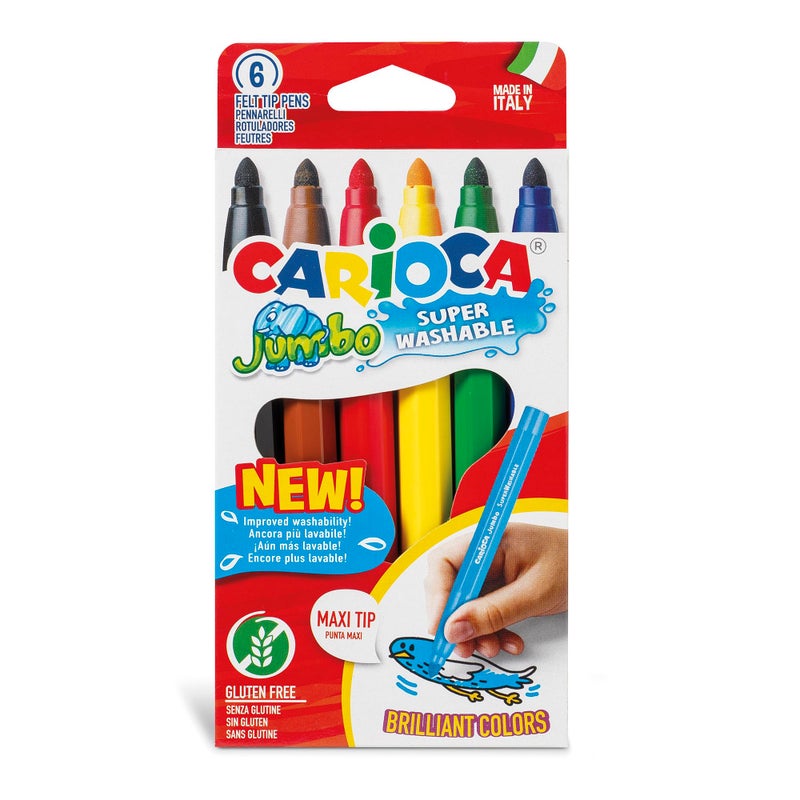 CARIOCA Jumbo Super Washable Markers for Kids 6 Assorted Colors 6 mm Maxi Felt Tip Pens NonToxic Easy Grip for Toddlers Ideal for Christmas Gifts Made in Italy
