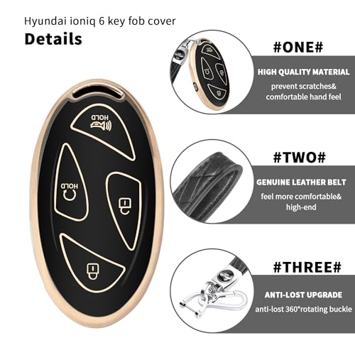 QBUC for Hyundai Ioniq 6 Key Fob Cover,Soft TPU 360 Degree Car Key Case Protector with Leather Keychain Compatible with Hyundai Ioniq 6 Grandeur GN7 KONA 2023 2024 Smart 5 Buttons Smart Key(Black) - Image 3