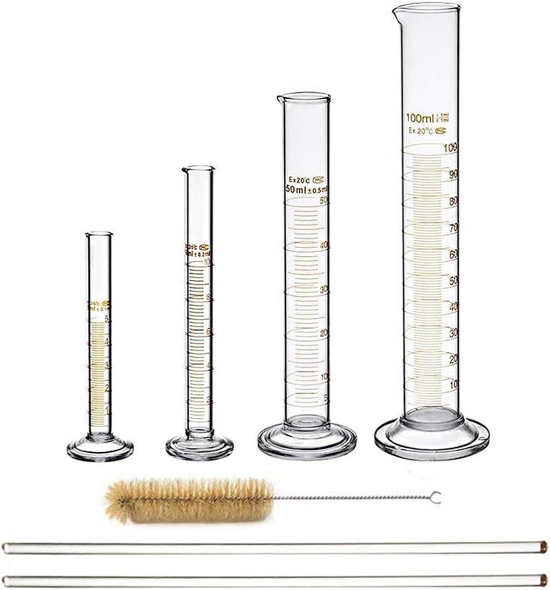 BOMEX Glass Graduated Cylinder Set Thick Measuring Cylinders 5ml 10 ml 50ml 100ml with 2 Glass Stirring Rod and 1 Brush - Image 1