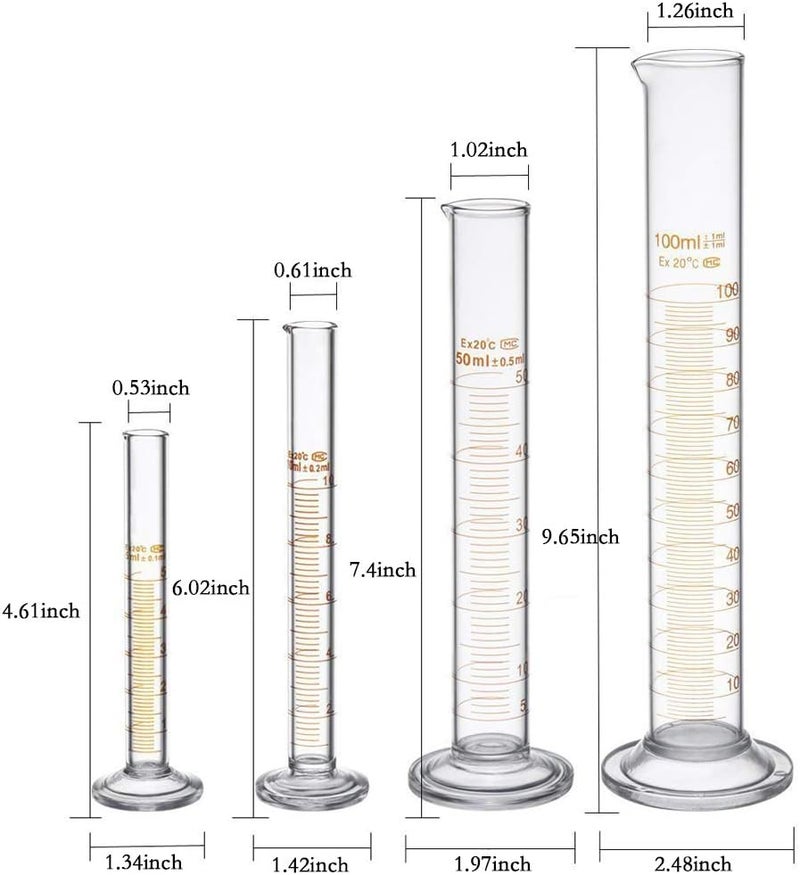 BOMEX Glass Graduated Cylinder Set Thick Measuring Cylinders 5ml 10 ml 50ml 100ml with 2 Glass Stirring Rod and 1 Brush - Image 2
