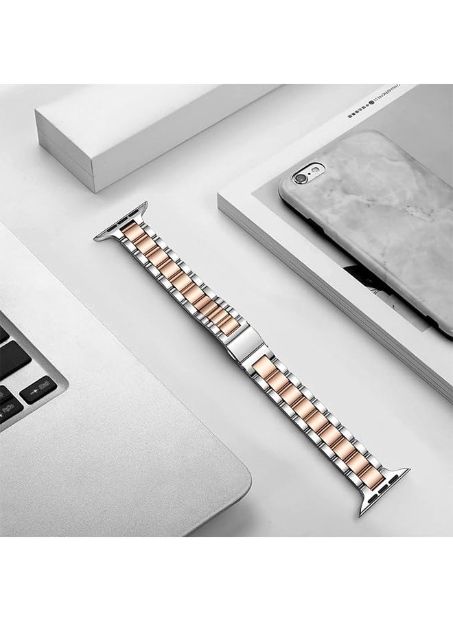 Ocean - Metal Strap Compatible with Apple Watch Strap 45mm 44mm 42mm, Stainless Steel Slim Replacement Band, Compatible with Apple Watch SE Series 9/8/7/6/5/4 SE/iWatch Strap, Silver/Rose Gold - Image 1
