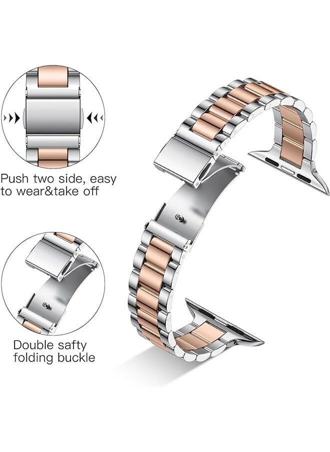 Ocean - Metal Strap Compatible with Apple Watch Strap 45mm 44mm 42mm, Stainless Steel Slim Replacement Band, Compatible with Apple Watch SE Series 9/8/7/6/5/4 SE/iWatch Strap, Silver/Rose Gold - Image 1
