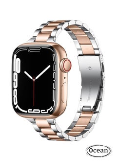 Metal Strap Compatible with Apple Watch Strap 45mm 44mm 42mm, Stainless Steel Slim Replacement Band, Compatible with Apple Watch SE Series 9/8/7/6/5/4 SE/iWatch Strap, Silver/Rose Gold