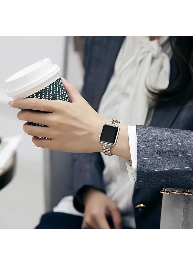 Ocean - Metal Strap Compatible with Apple Watch Strap 45mm 44mm 42mm, Stainless Steel Slim Replacement Band, Compatible with Apple Watch SE Series 9/8/7/6/5/4 SE/iWatch Strap, Silver/Rose Gold - Image 1