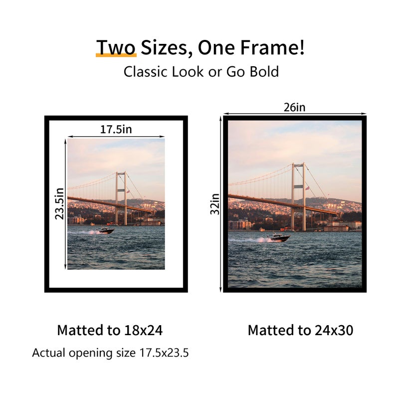 YESKAY 24x30 Picture Frame 3 Pack - Black Poster Frame Display Pictures 18x24 with Mat or 24 x 30 Without Mat for Wall Hanging Horizontal and Vertical - Image 2
