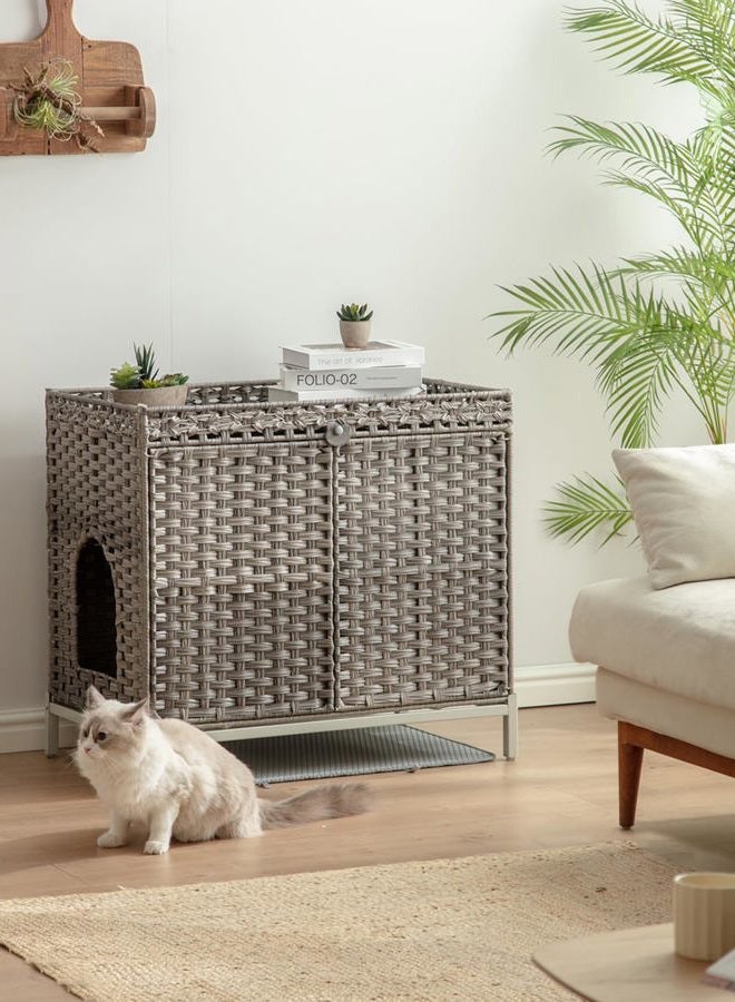 SETVSON Cat Litter Box, Hidden Litter Box Furniture with Door, Hand-Woven Rattan Cat House with Large Space, Side Table for Cat House, Storage Cabinet for Cats - Image 2