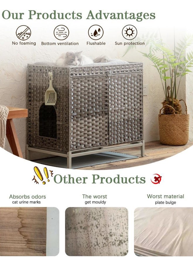 SETVSON Cat Litter Box, Hidden Litter Box Furniture with Door, Hand-Woven Rattan Cat House with Large Space, Side Table for Cat House, Storage Cabinet for Cats - Image 3