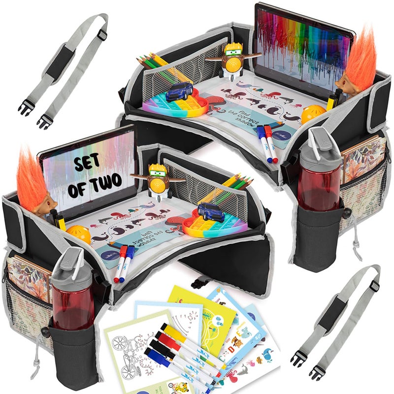 PILLANI Kids Travel Tray for Car - Carseat Tray w/iPad Holder & Dry Erase Board, Road Trip Essentials - Toddler Lap Desk Organizer for Airplane - Roadtrip Activities & Travel Essentials - Pack of 2 - Image 1