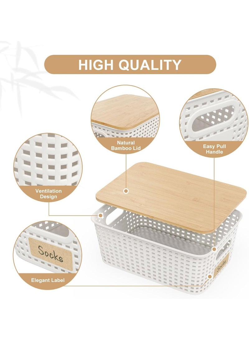 6-Pack Plastic Storage Baskets Set of Stackable Weave Baskets Sturdy Storage Containers with Handle, with Bamboo Lid & Label for Shelves, Desktops, Cabinets, Bedrooms, Office (White With Lid - 6 Pack) - Image 2