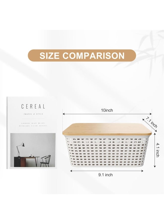 6-Pack Plastic Storage Baskets Set of Stackable Weave Baskets Sturdy Storage Containers with Handle, with Bamboo Lid & Label for Shelves, Desktops, Cabinets, Bedrooms, Office (White With Lid - 6 Pack) - Image 3