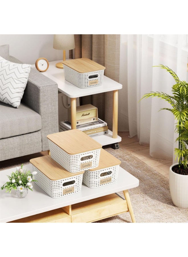 6-Pack Plastic Storage Baskets Set of Stackable Weave Baskets Sturdy Storage Containers with Handle, with Bamboo Lid & Label for Shelves, Desktops, Cabinets, Bedrooms, Office (White With Lid - 6 Pack) - Image 4