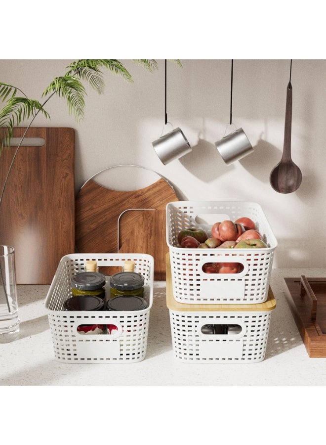 6-Pack Plastic Storage Baskets Set of Stackable Weave Baskets Sturdy Storage Containers with Handle, with Bamboo Lid & Label for Shelves, Desktops, Cabinets, Bedrooms, Office (White With Lid - 6 Pack) - Image 5