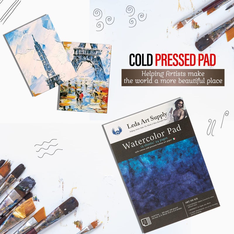 Leda Art Supply دفتر رسم ألوان مائية ليدا، A4 ورق ألوان مائية بضغط بارد 140 رطل، دفتر رسم للفنانين، سطح ناعم للرسم والفن، مجموعة من 2، الحجم: 8.3 × 11 بوصة - Image 3
