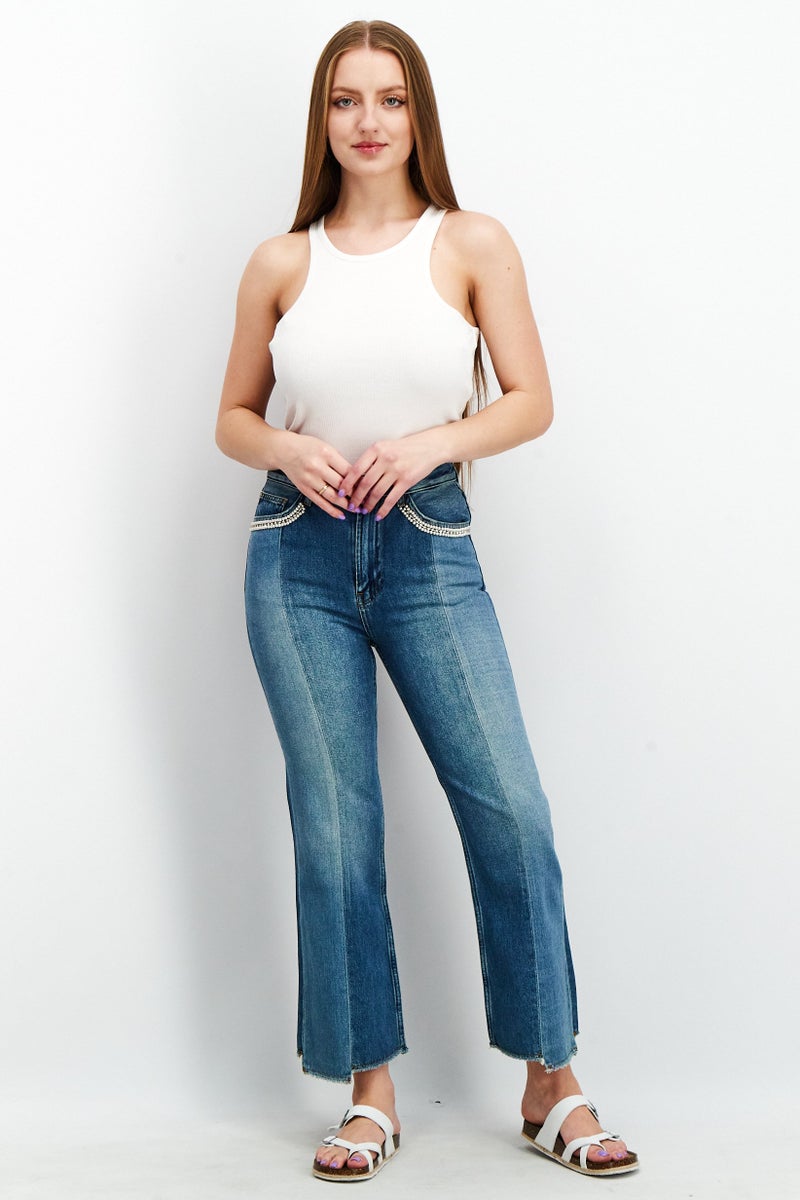 TWINSET Women Regular Fit Beaded Non Stretch Denim Jeans, Blue Wash - Image 3