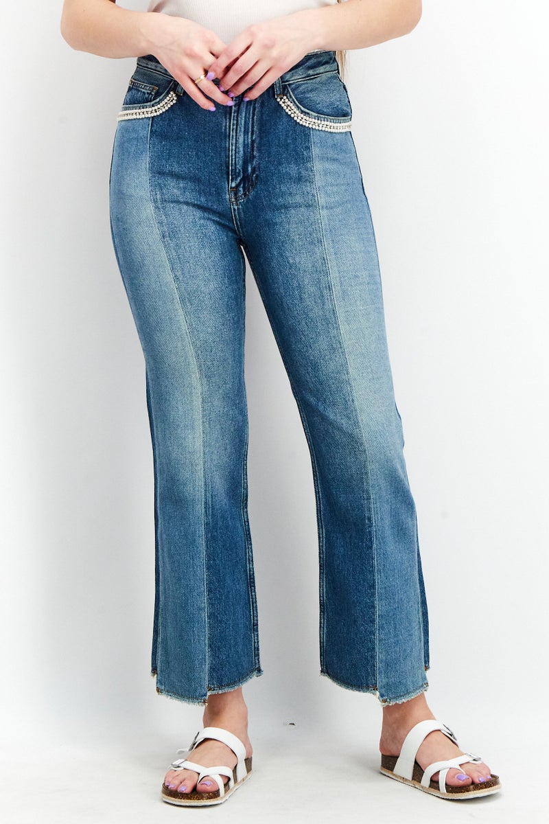TWINSET Women Regular Fit Beaded Non Stretch Denim Jeans, Blue Wash - Image 1