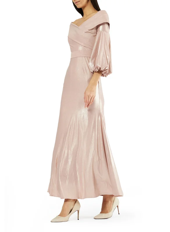 Amri Wide Pleated Wrap Dress with Long Statement Puff Sleeves and Tie-up Belt