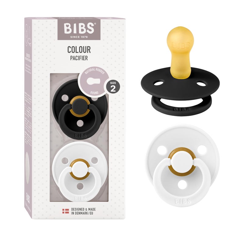 BIBS Pacifiers Colour Collection | Natural Rubber Baby Pacifier | Set of 2 BPA-Free Soothers | Made in Denmark | 6+ Months (Pack of 2) | Black/White - Image 1