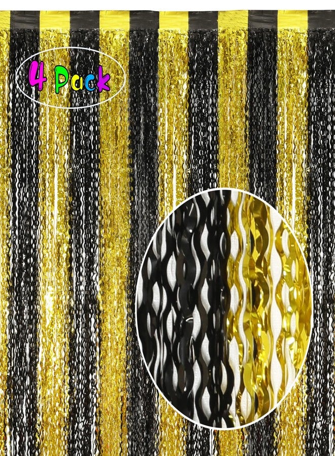 KEEUH 4 Pack 3.3 ft x 6.6 ft Wavy Tinsel Foil Fringe Curtains Backdrop,Metallic Foil Curtains for Party Photo Booth Props Background Decoration (Black Gold) - Image 2