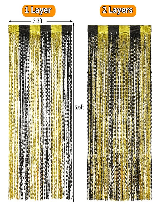 KEEUH 4 Pack 3.3 ft x 6.6 ft Wavy Tinsel Foil Fringe Curtains Backdrop,Metallic Foil Curtains for Party Photo Booth Props Background Decoration (Black Gold) - Image 5