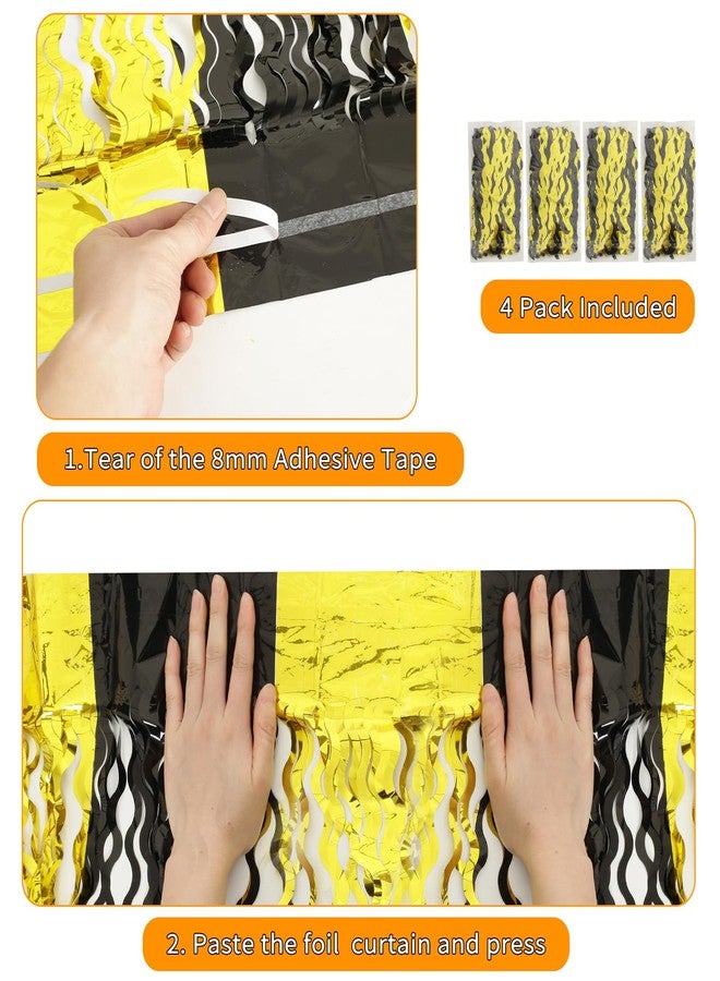 KEEUH 4 Pack 3.3 ft x 6.6 ft Wavy Tinsel Foil Fringe Curtains Backdrop,Metallic Foil Curtains for Party Photo Booth Props Background Decoration (Black Gold) - Image 3
