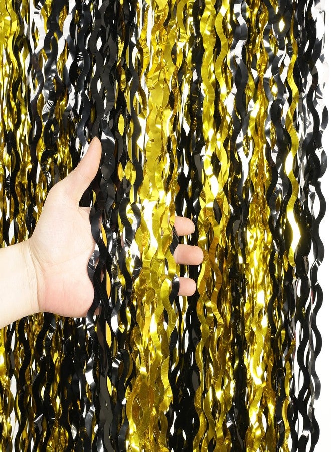 KEEUH 4 Pack 3.3 ft x 6.6 ft Wavy Tinsel Foil Fringe Curtains Backdrop,Metallic Foil Curtains for Party Photo Booth Props Background Decoration (Black Gold) - Image 1
