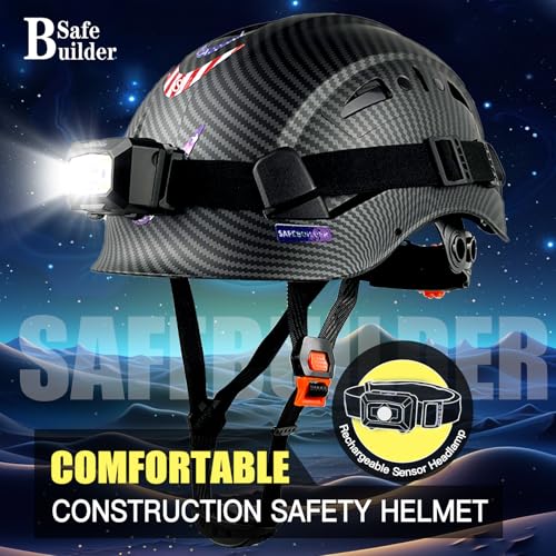 SAFEBUILDER Construction Safety Helmet with Headlight Hard Hat Headlamp Adjustable Ventilation Hardhats Work Head Protection Certified ANSI/ISEA Z89.1 (Matte Black Hard Hats + B01 Head Light) - Image 2