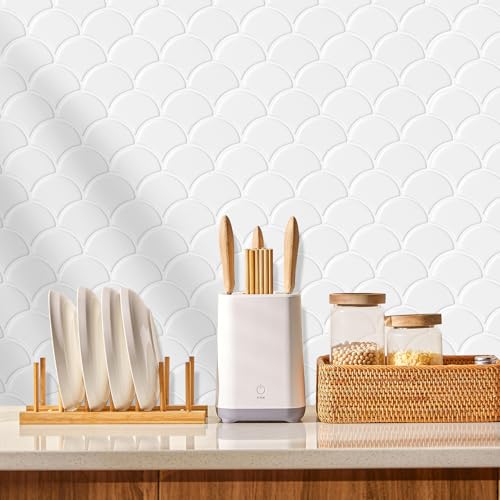 AdoDecor Peel and Stick Tile for Kitchen Backsplash, Grand Fish Scale Fan Shape Stick on Tiles, Self Adhesive Backsplash Tiles (Whtie). - Image 3