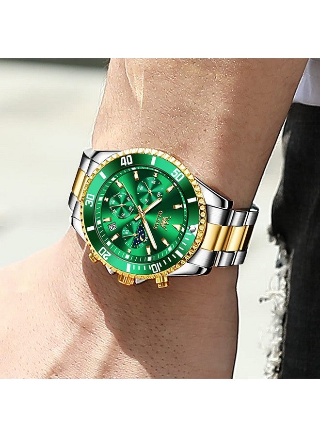 OLEVS Mens Watches Chronograph Quartz Green Moon Phase Luxury Dress Two Tone Stainless Steel Waterproof Luminous Business Date Calendar Wrist Watch - Image 3