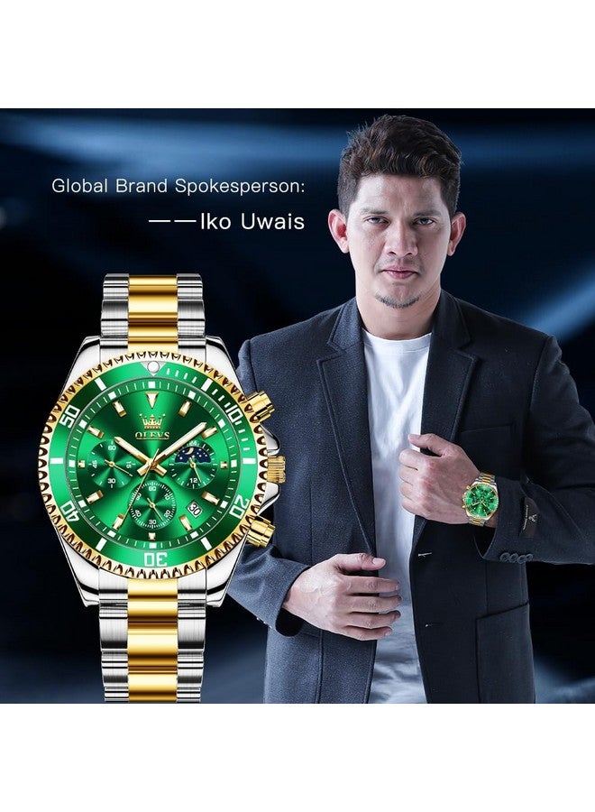 OLEVS Mens Watches Chronograph Quartz Green Moon Phase Luxury Dress Two Tone Stainless Steel Waterproof Luminous Business Date Calendar Wrist Watch - Image 2