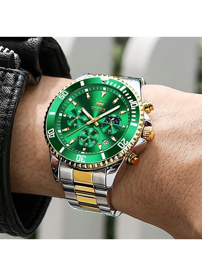 OLEVS Mens Watches Chronograph Quartz Green Moon Phase Luxury Dress Two Tone Stainless Steel Waterproof Luminous Business Date Calendar Wrist Watch - Image 4
