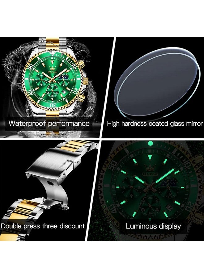 OLEVS Mens Watches Chronograph Quartz Green Moon Phase Luxury Dress Two Tone Stainless Steel Waterproof Luminous Business Date Calendar Wrist Watch - Image 5