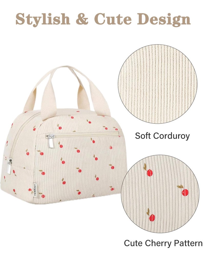 TENKIST Cute Lunch Box Tote Bag - Corduroy Insulated Cooler Bags for Women - Lightweight Reusable Portable Soft Lunch Pail Kit for Kids Teen Girl Adults Work School Picnic Travel Cherry 8L - Image 3