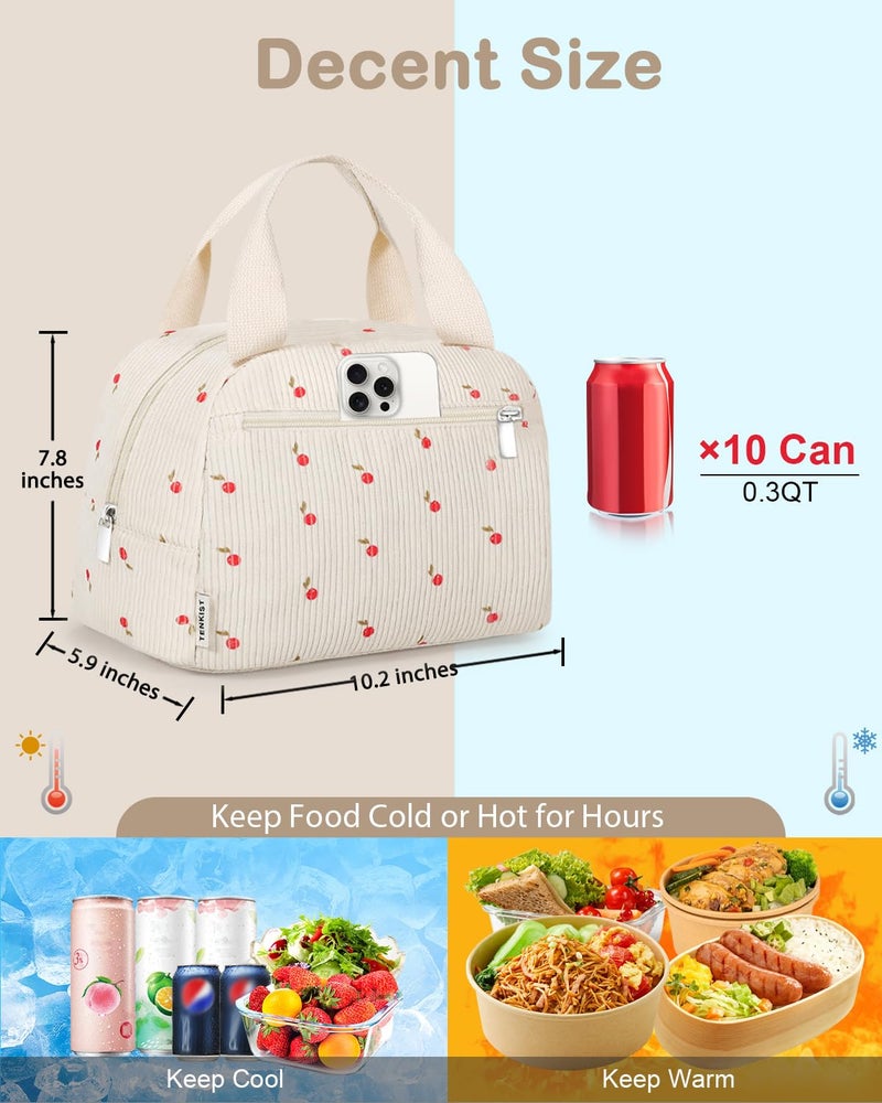 TENKIST Cute Lunch Box Tote Bag - Corduroy Insulated Cooler Bags for Women - Lightweight Reusable Portable Soft Lunch Pail Kit for Kids Teen Girl Adults Work School Picnic Travel Cherry 8L - Image 5