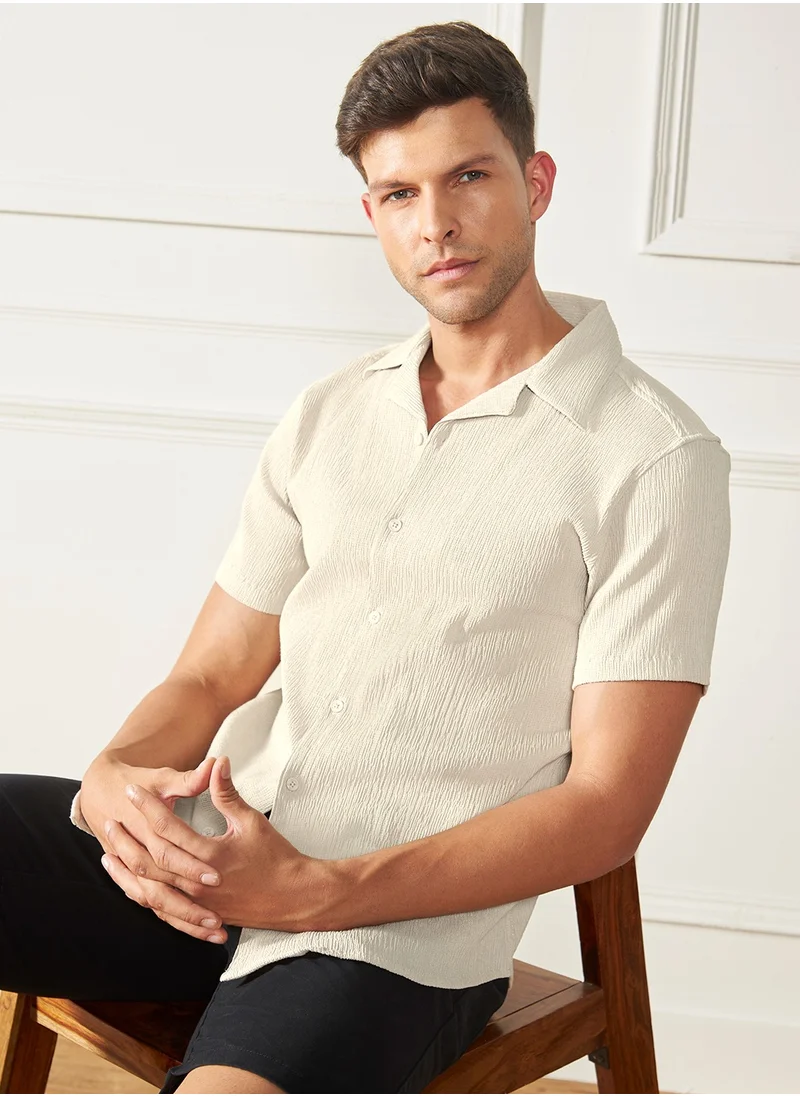 Dennis Lingo Relaxed Fit Beige Shirt for Men - Lycra Seer Sucker Fabric, Textured Pattern, Cuban Collar, Half Sleeves, Casual Look