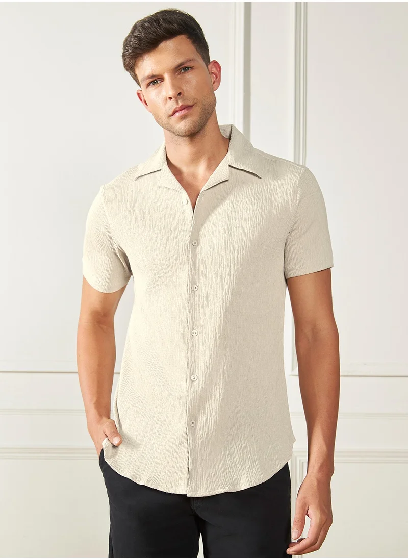 Dennis Lingo Relaxed Fit Beige Shirt for Men - Lycra Seer Sucker Fabric, Textured Pattern, Cuban Collar, Half Sleeves, Casual Look